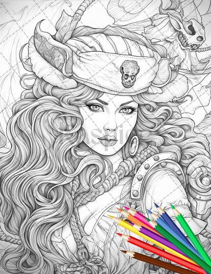 48 Beautiful Pirate Princess Coloring Book Printable for Adults, Grayscale Coloring Page, PDF File Instant Download