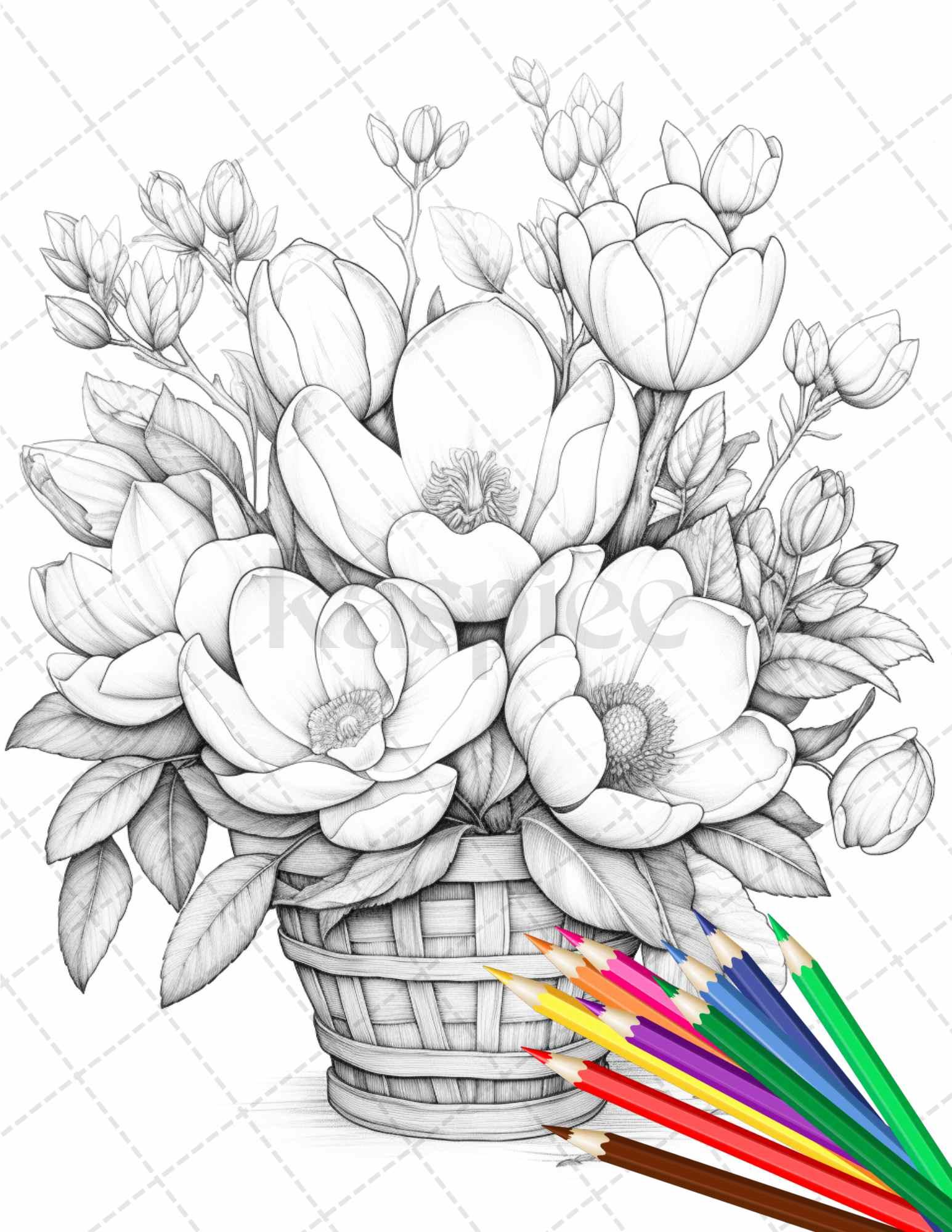 30 Flower Baskets Grayscale Coloring Pages for Adults, PDF File Instant Download