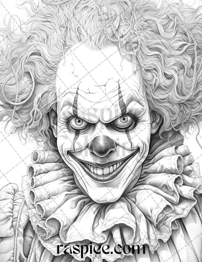 40 Spooky Clowns Grayscale Coloring Pages Printable for Adults, PDF File Instant Download