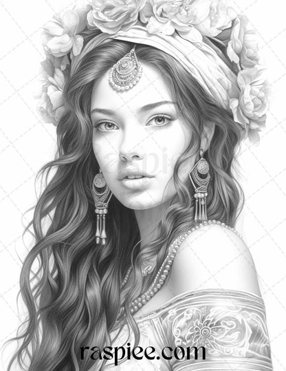 40 Beautiful Gypsy Girls Grayscale Coloring Pages Printable for Adults, PDF File Instant Download