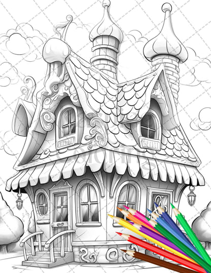 33 Ice Cream Houses Grayscale Coloring Pages Printable for Adults and Kids, PDF File Instant Download