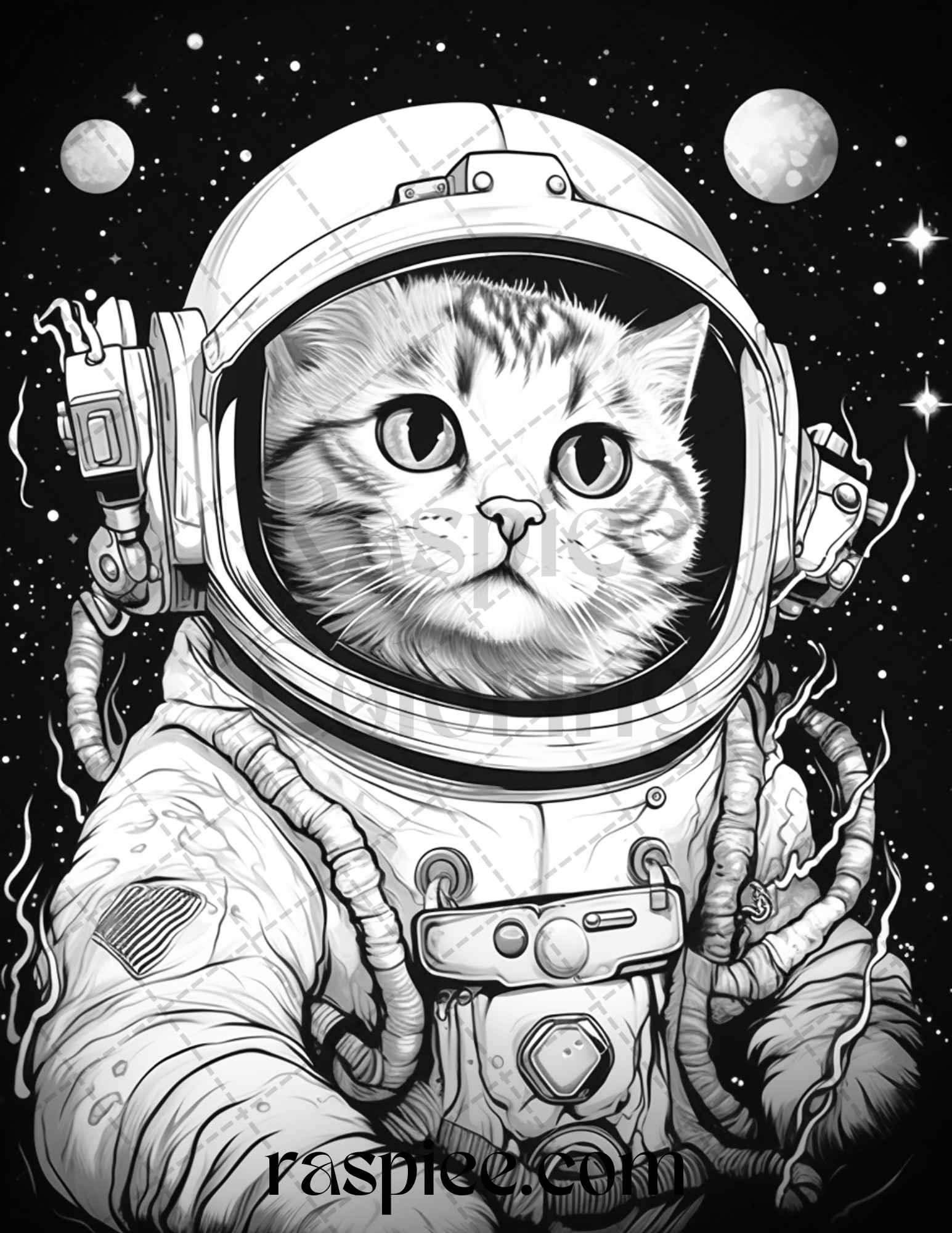 40 Cat Astronaut Grayscale Coloring Pages Printable for Adults Kids, PDF File Instant Download