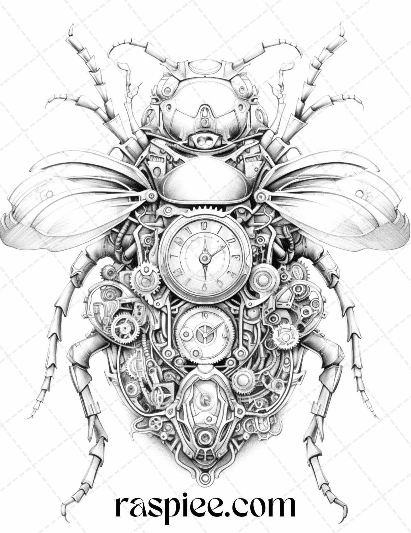 42 Steampunk Bugs Grayscale Coloring Pages Printable for Adults, PDF File Instant Download