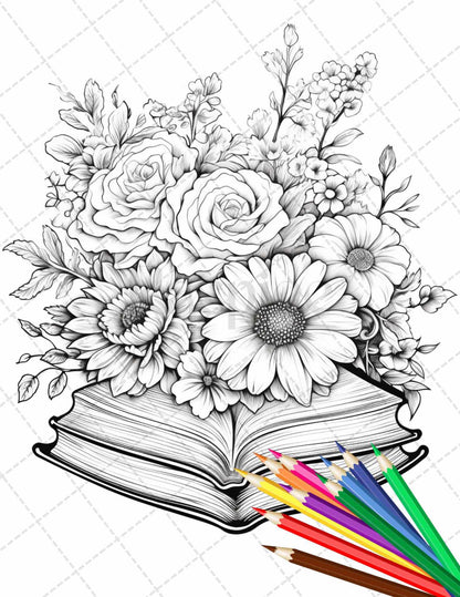 31 Book Flowers Coloring Pages Printable for Adults, Grayscale Coloring Page, PDF File Instant Download