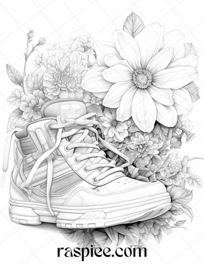 40 Flower Sneakers Grayscale Coloring Pages Printable for Adults, PDF File Instant Download