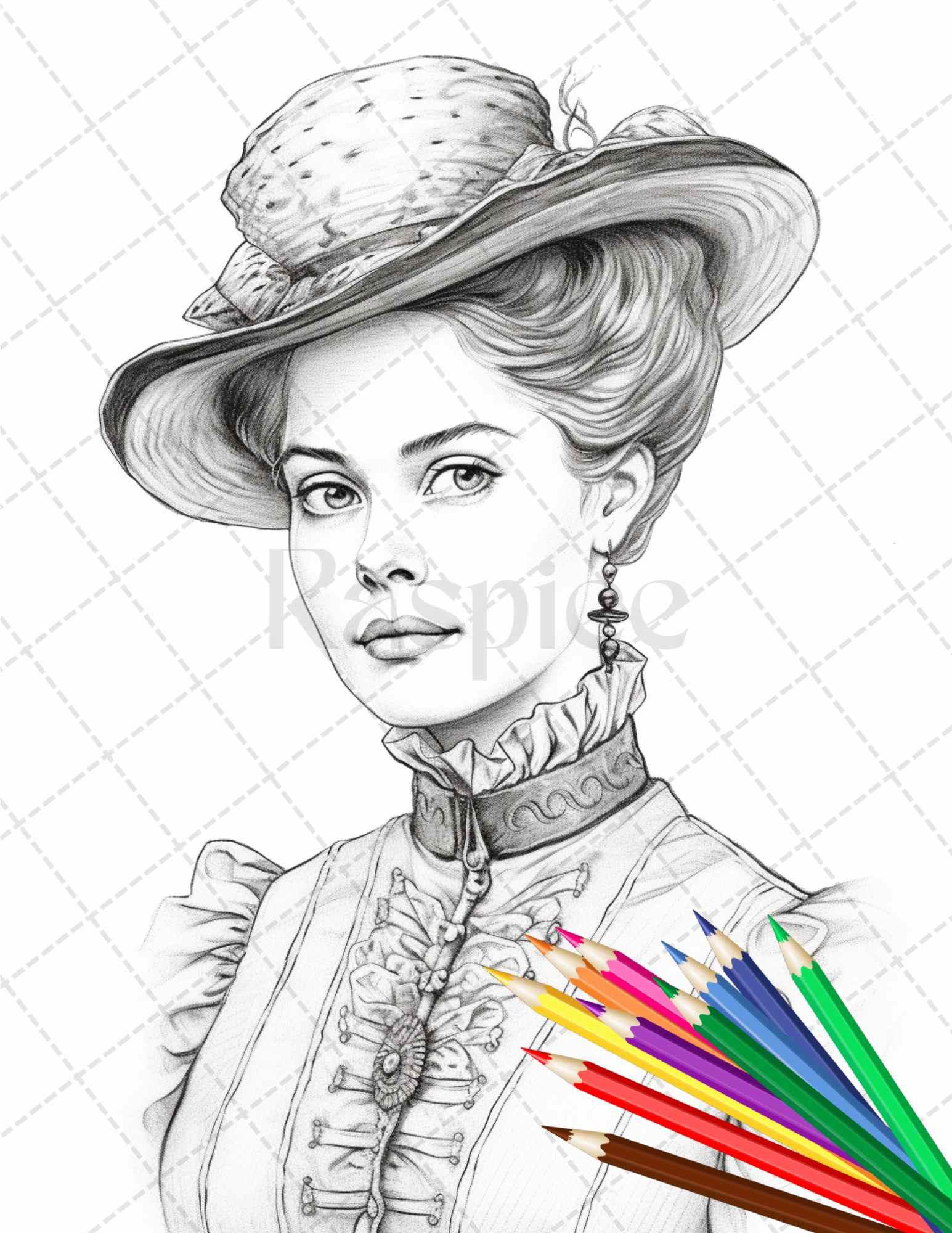 43 Beautiful Victorian Women Grayscale Coloring Pages Printable for Adults, PDF File Instant Download