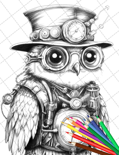 45 Steampunk Animals Grayscale Coloring Pages Printable for Adults Vol. 2, PDF File Instant Download