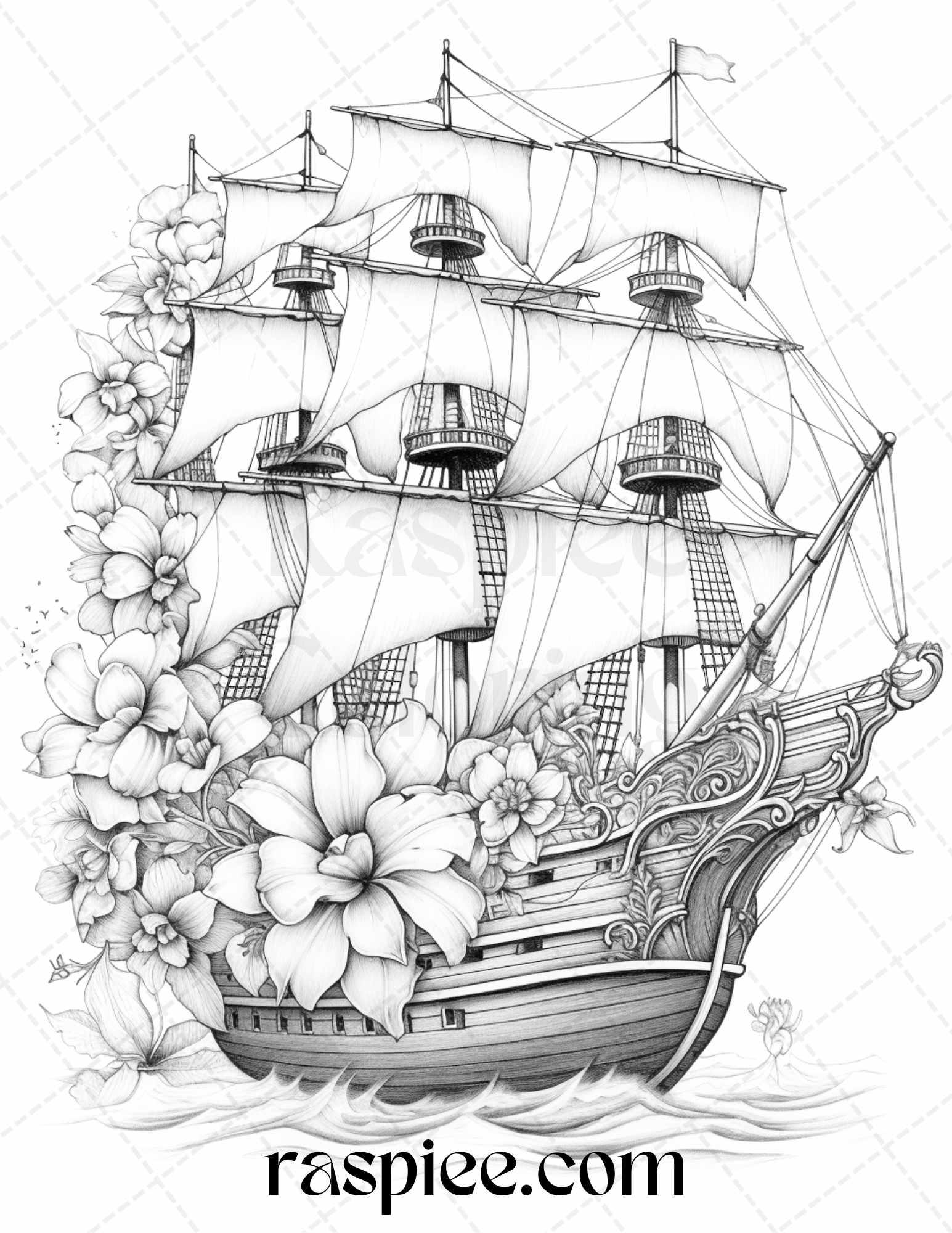 44 Flower Ships Graysale Coloring Pages Printable for Adults, PDF File Instant Download