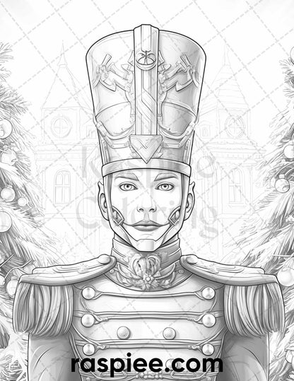 40 Christmas Nutcrackers Grayscale Coloring Pages for Adults, Printable PDF File Instant Download