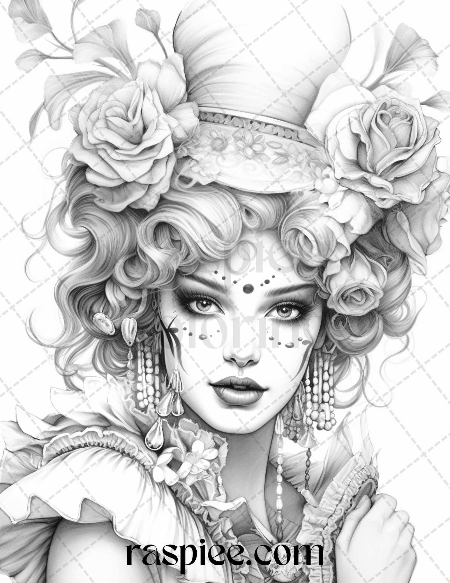 42 Beautiful Clown Girls Grayscale Coloring Pages Printable for Adults, PDF File Instant Download