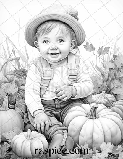 40 Pumpkin Babies Grayscale Coloring Pages for Adults and Kids, Printable PDF File Instant Download