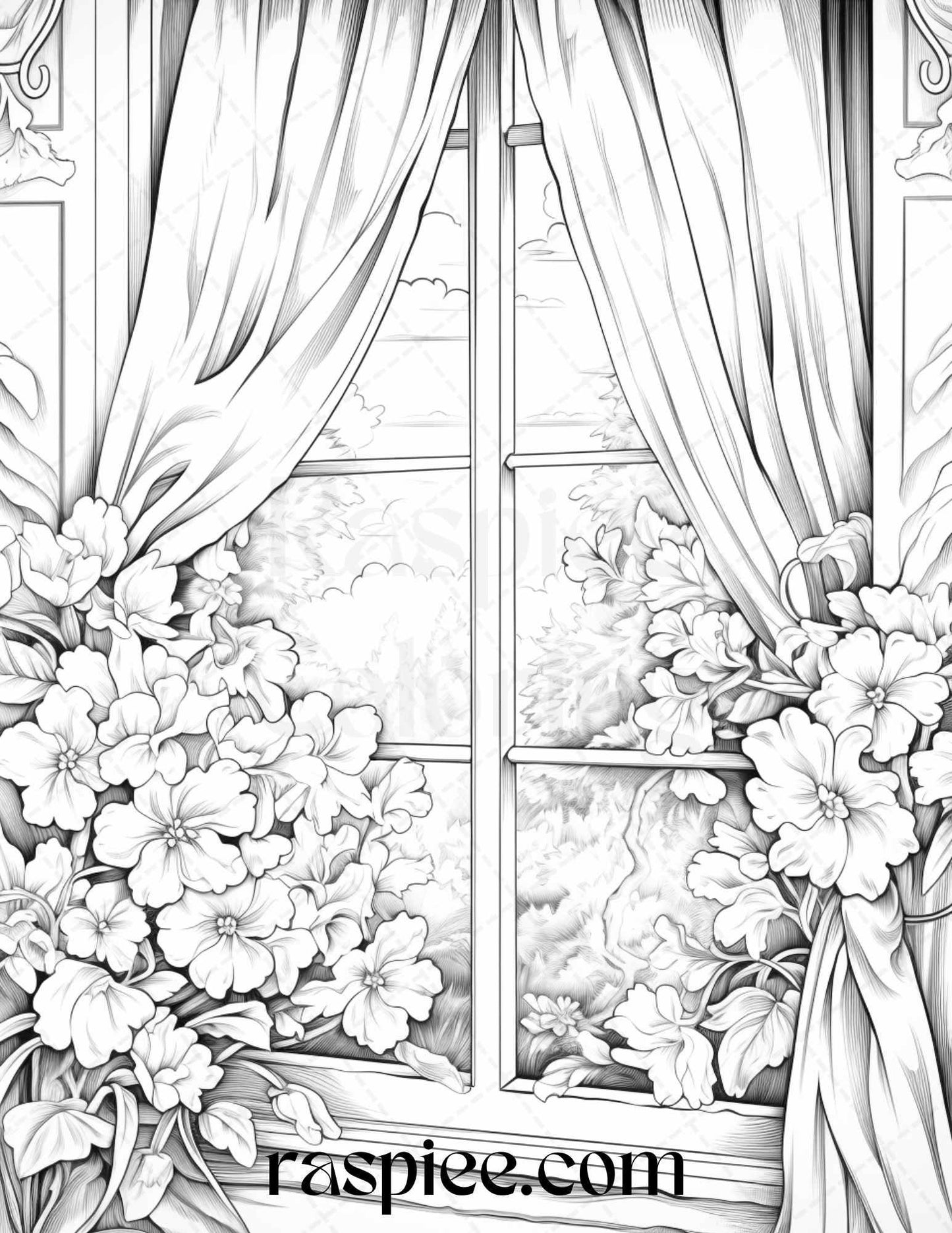 50 Blooming Windows Grayscale Coloring Pages Printable for Adults, PDF File Instant Download