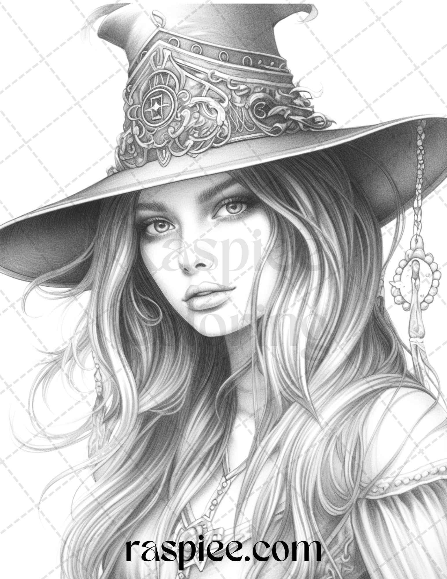 40 Beautiful Witches Grayscale Coloring Pages Printable for Adults, PDF File Instant Download