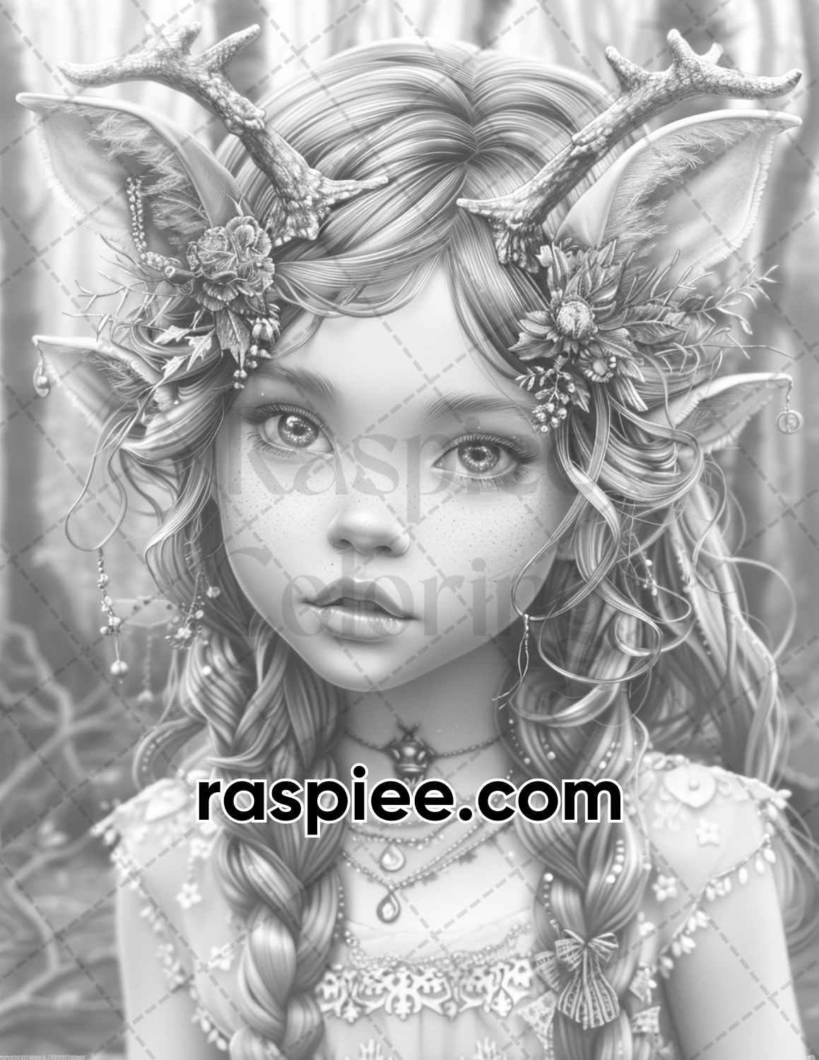 62 Magical Fairy Antler Grayscale Adult Coloring Pages, Printable PDF Instant Download