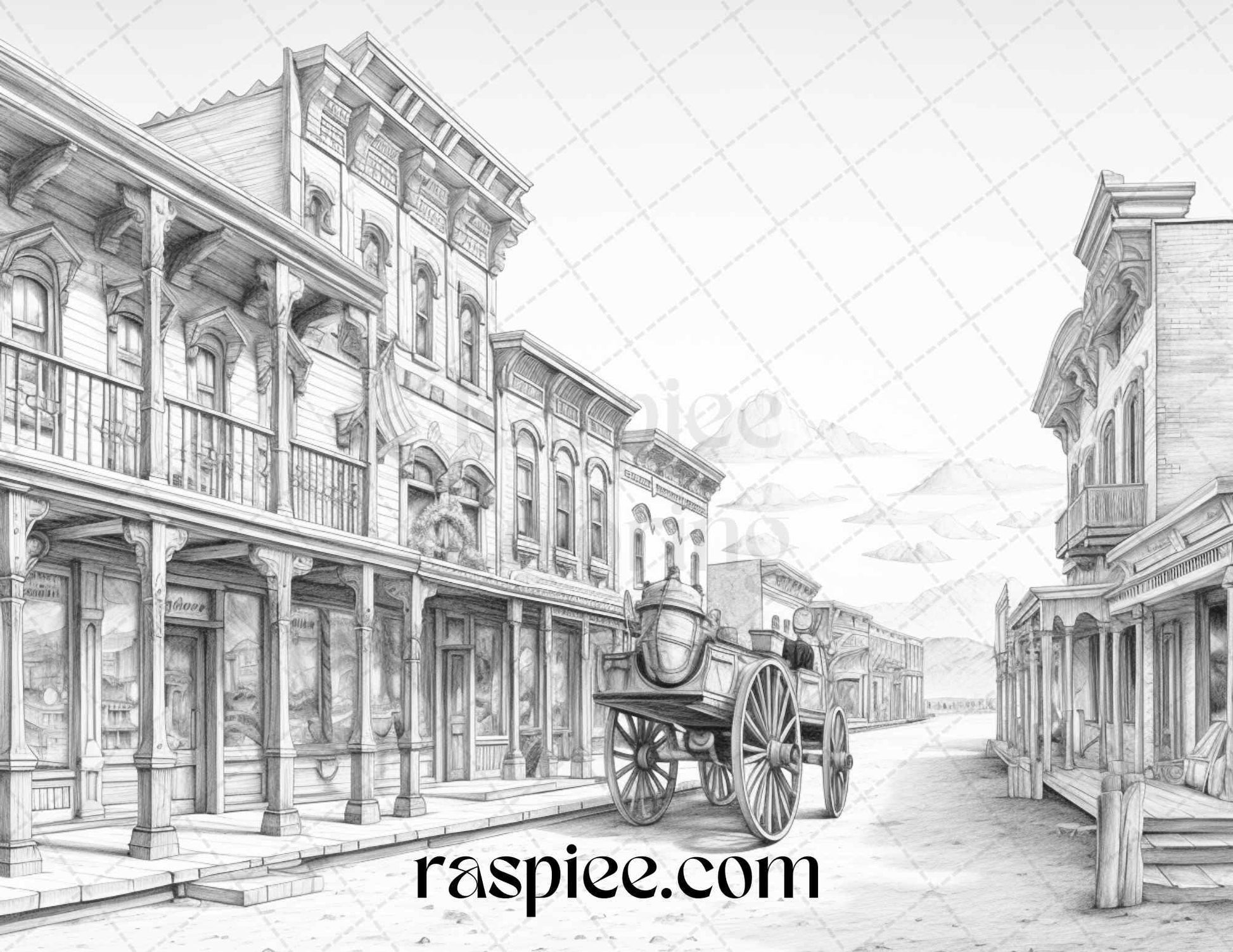 40 Wild West Towns Grayscale Coloring Pages Printable for Adults, PDF File Instant Download