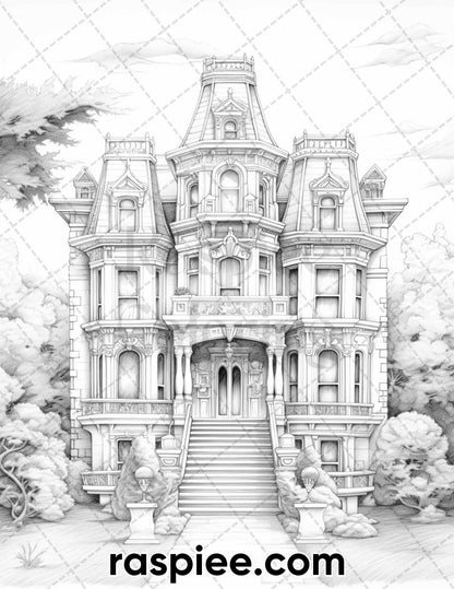 40 Victorian Mansions Grayscale Coloring Pages for Adults, Printable PDF Instant Download