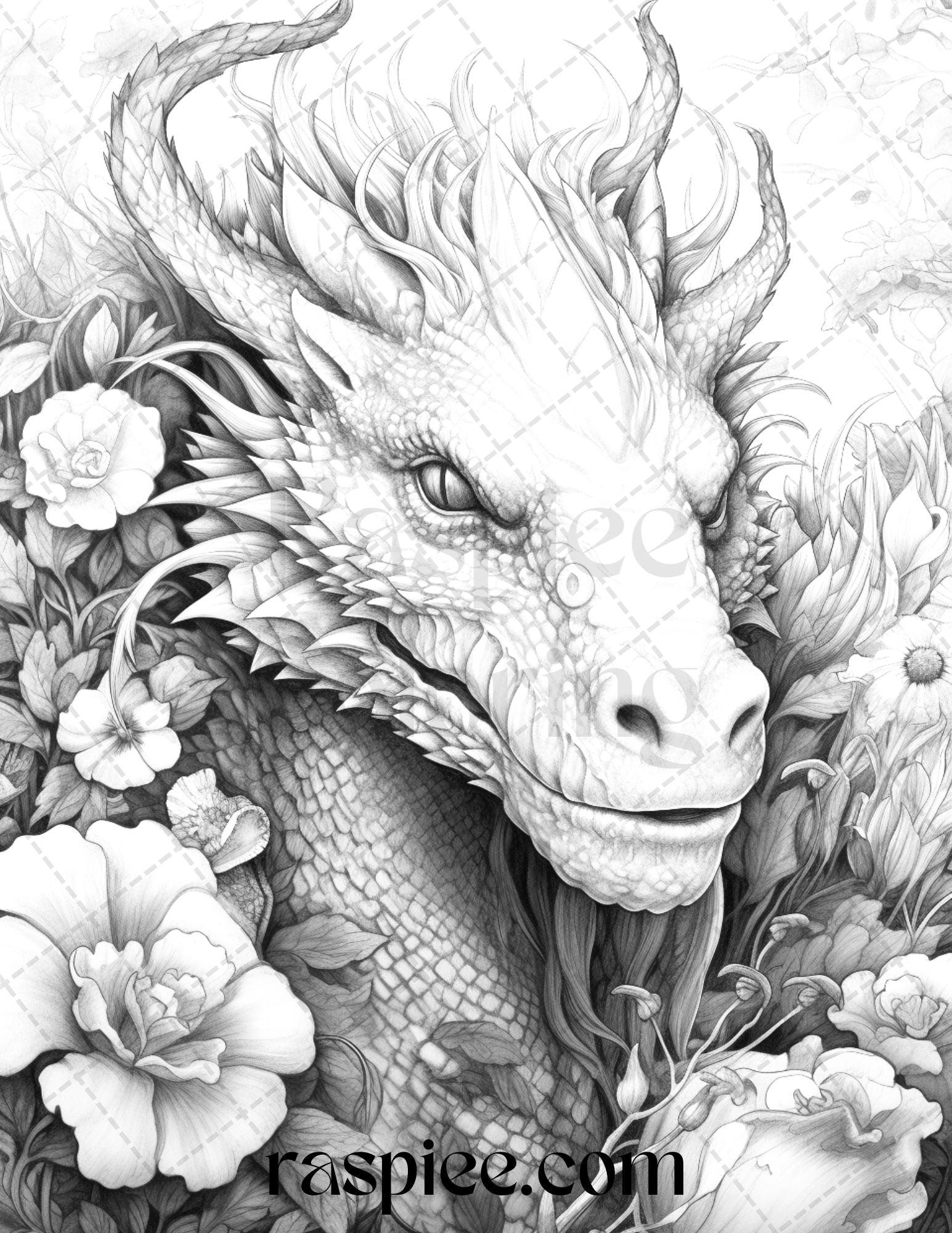 40 Flower Dragon Grayscale Coloring Pages Printable for Adults, PDF File Instant Download