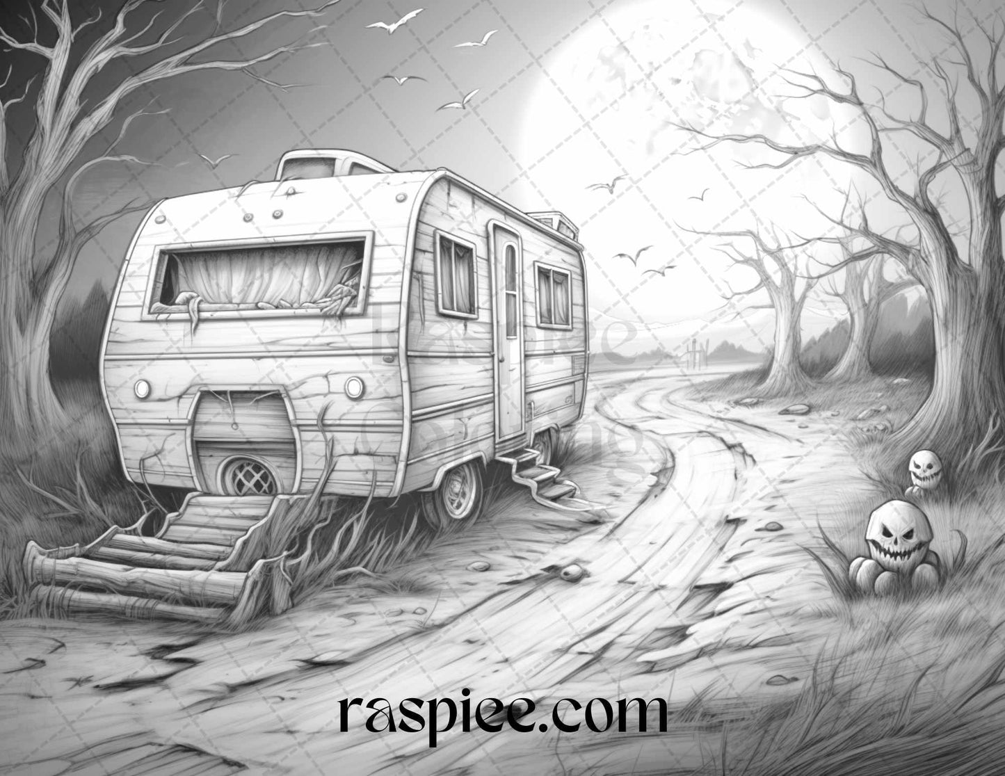 40 Halloween Landscapes Grayscale Coloring Pages Printable for Adults, PDF File Instant Download