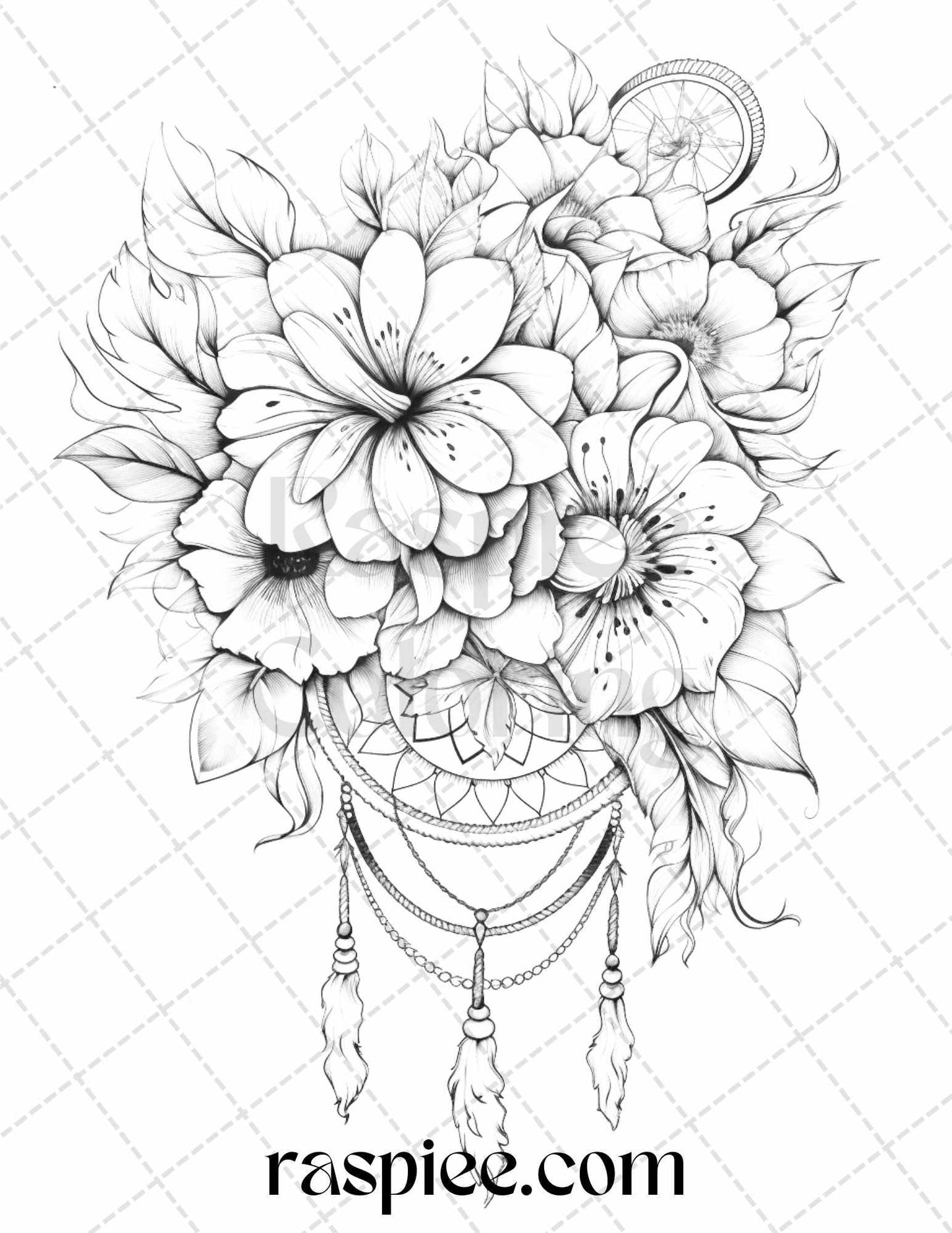 30 Flower Dreamcatcher Grayscale Coloring Pages Printable for Adults, PDF File Instant Download