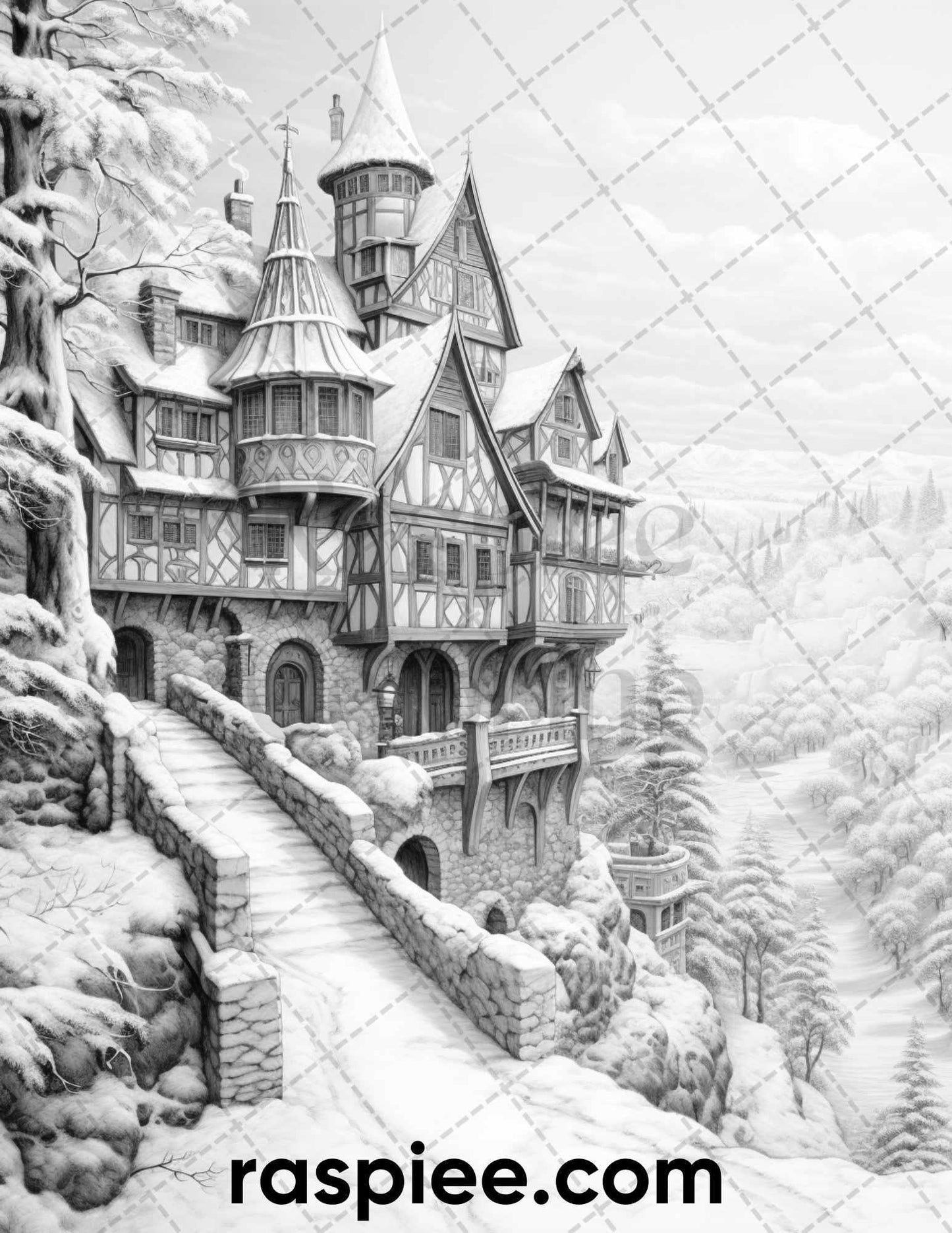 40 Fantasy Winter Village Grayscale Coloring Pages for Adults, PDF File Instant Download