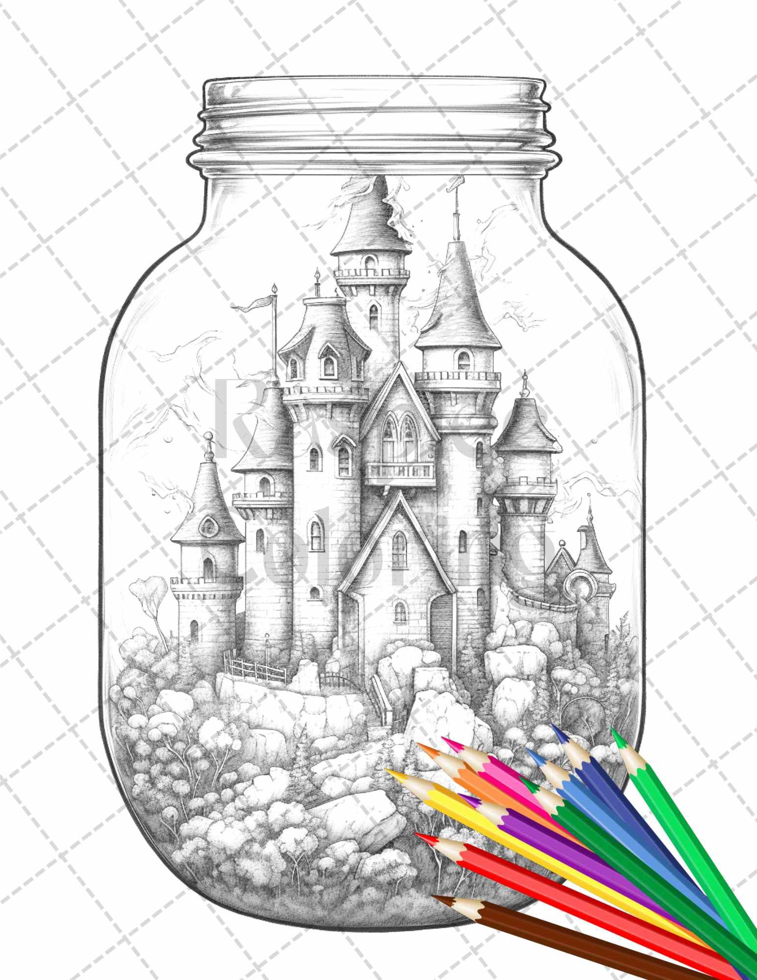 42 Fantasy Castle In Jar Grayscale Coloring Pages Printable for Adults, PDF File Instant Download