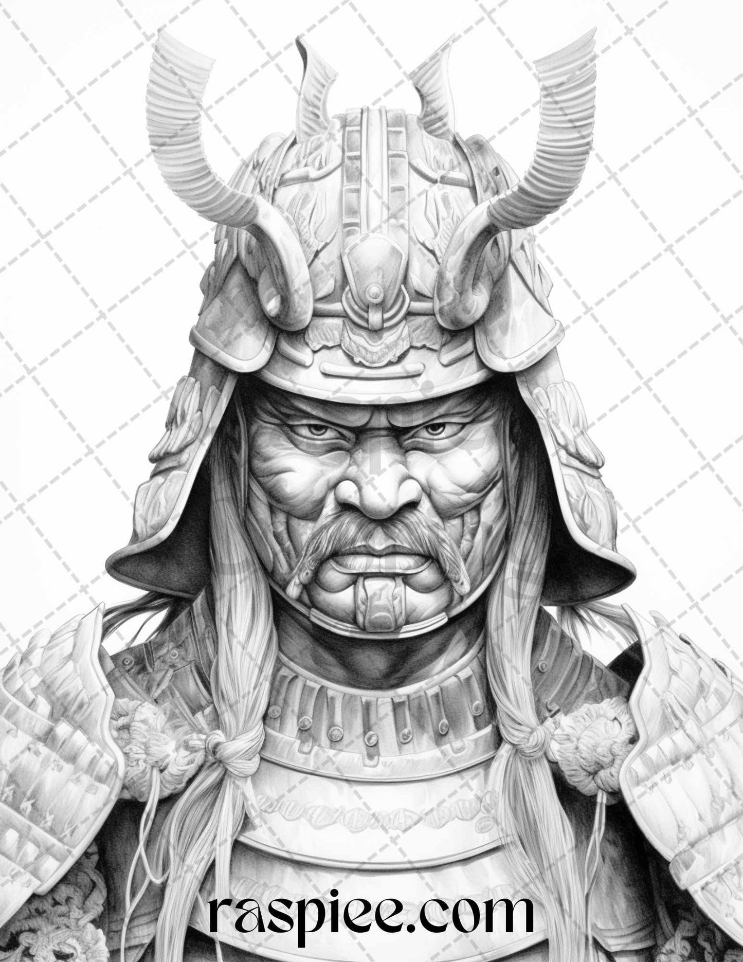 42 Japanese Samurai Grayscale Coloring Pages for Adults, Printable PDF File Instant Download