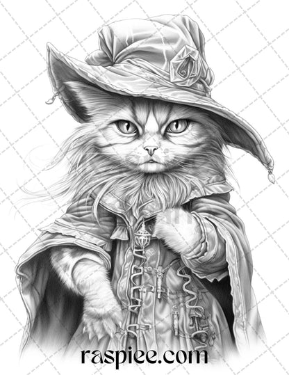 40 Halloween Witch Cat Grayscale Coloring Pages Printable for Adults, PDF File Instant Download