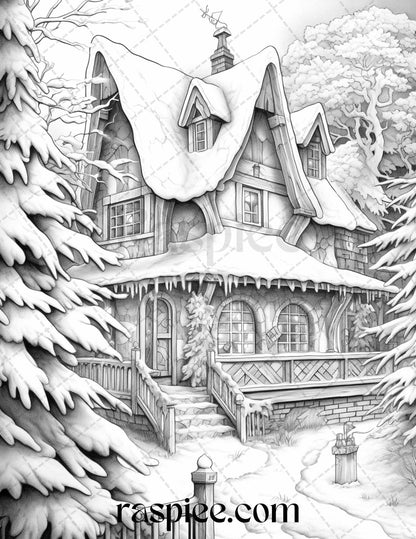 42 Fantasy Christmas Houses Grayscale Coloring Pages Printable for Adults, PDF File Instant Download