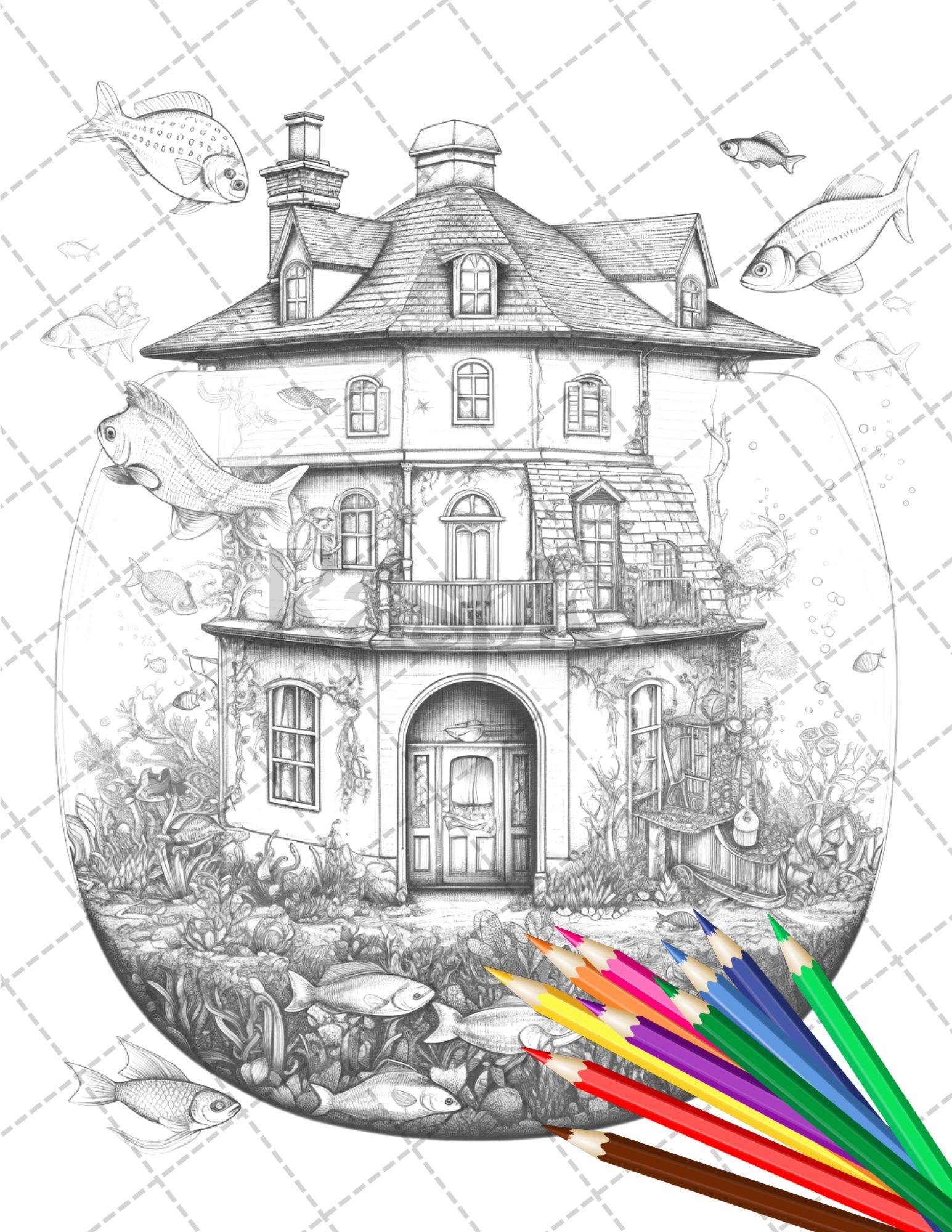 34 Fishtank Houses Coloring Book for Adults, Grayscale Coloring Page, Printable PDF Instant Download