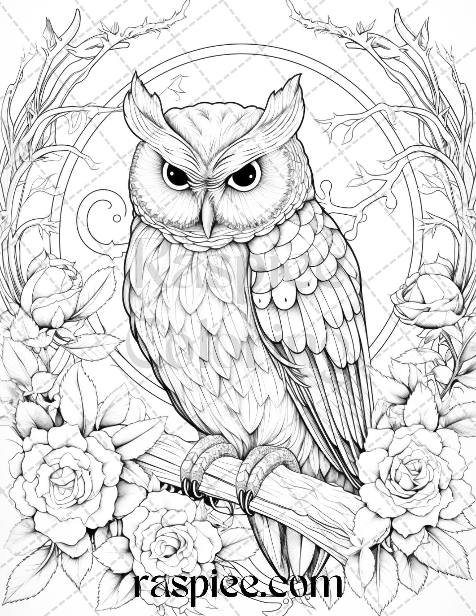 40 Floral Owl Grayscale Printable Coloring Pages for Adults, PDF File Instant Download