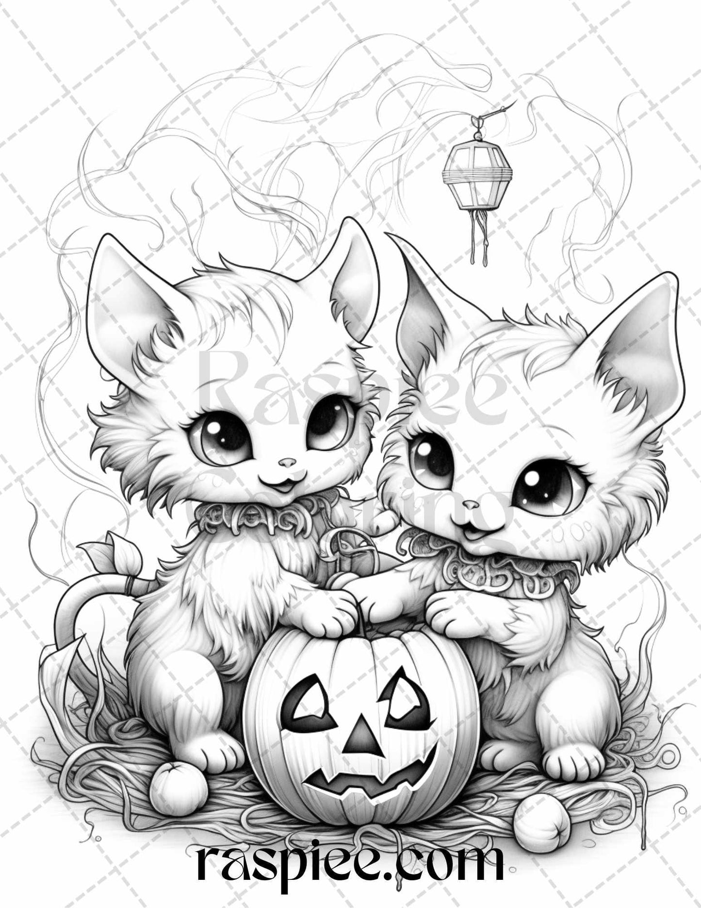 40 Halloween Creepy Kawaii Grayscale Coloring Pages for Adults and Kids, Printable PDF File Instant Download