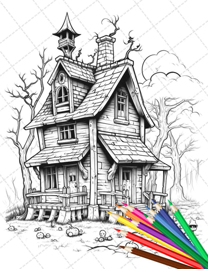 32 Spooky Houses Coloring Pages Printable for Adults, Grayscale Coloring Page, PDF File Instant Download