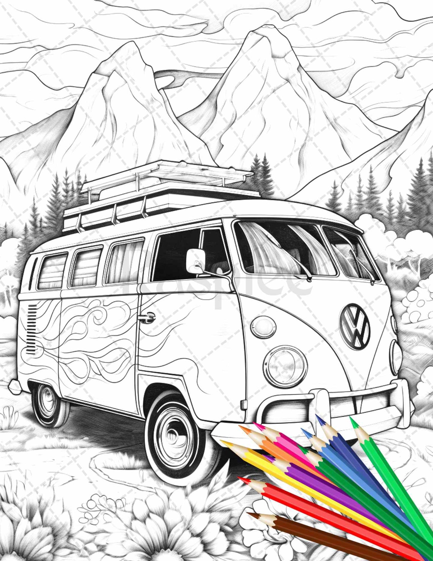 30 Campervan Adventure Grayscale Coloring Pages Printable for Adults, PDF File Instant Download