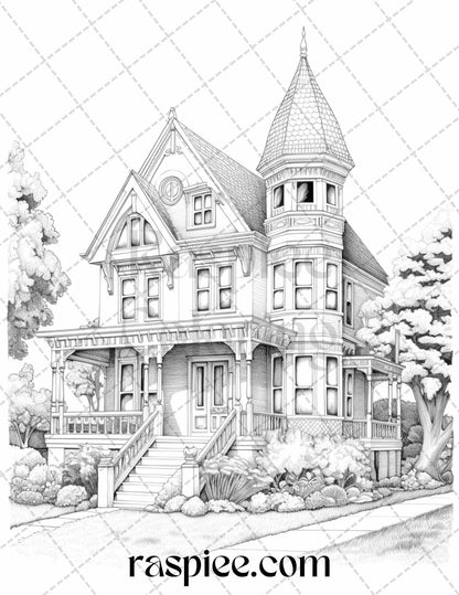 40 Victorian Houses Grayscale Coloring Pages Printable for Adults, PDF File Instant Download