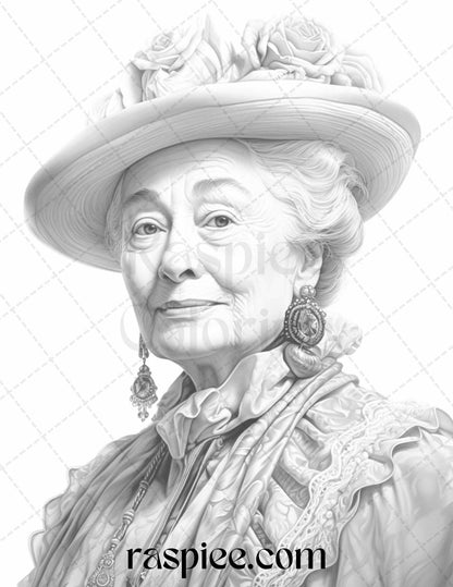 50 Victorian Grandma Grayscale Coloring Pages Printable for Adults, PDF File Instant Download