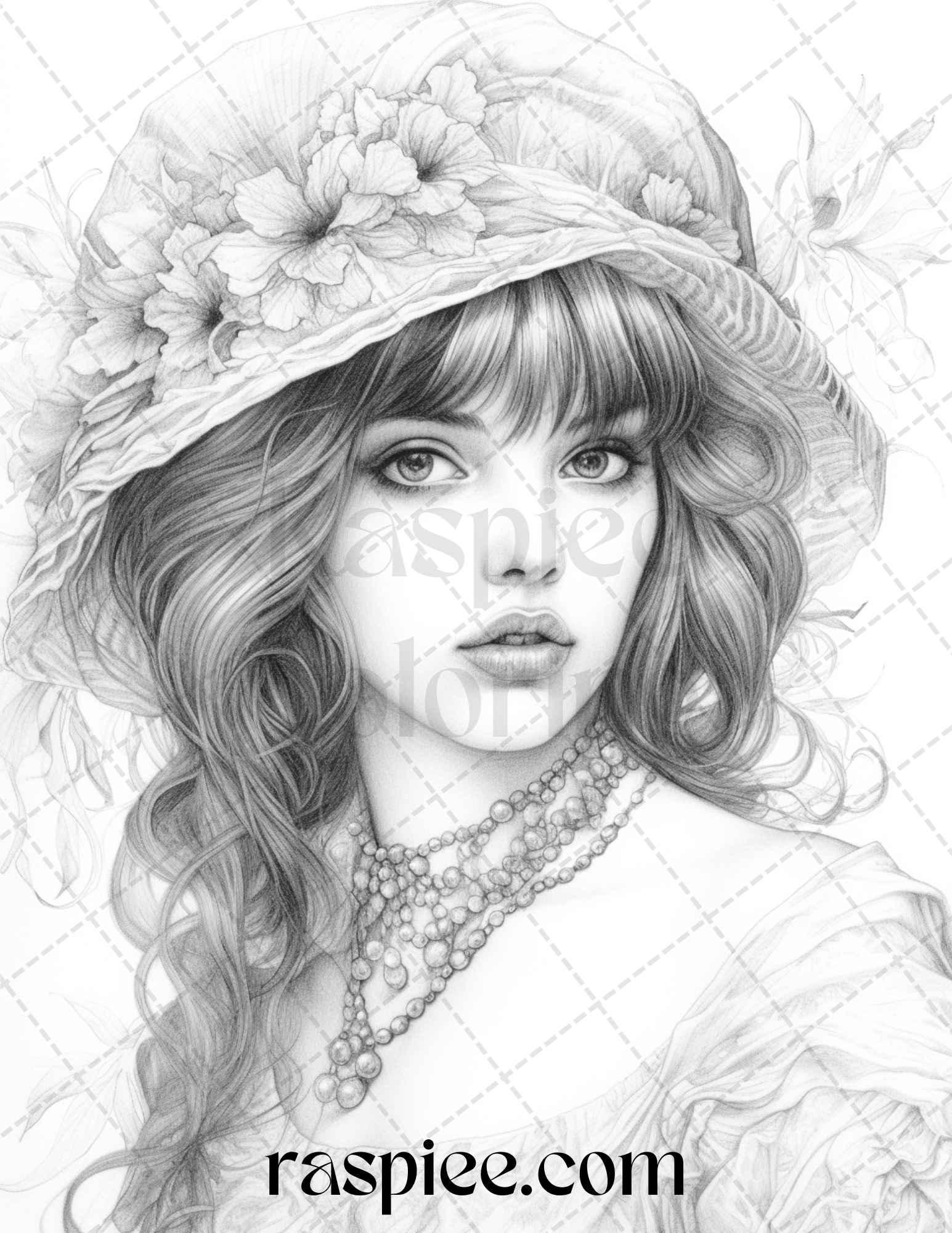 40 Beautiful Gatsby Girls Grayscale Coloring Pages Printable for Adults, PDF File Instant Download