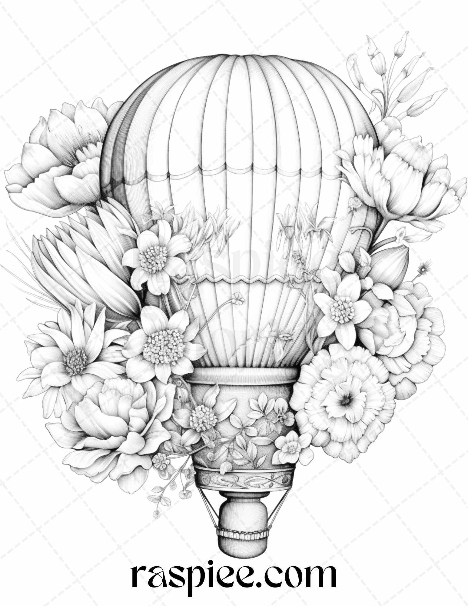 42 Flower Hot Air Balloons Grayscale Coloring Pages Printable for Adults, PDF File Instant Download