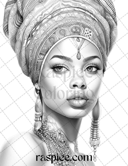 40 Beautiful African Women Grayscale Coloring Pages Printable for Adults, PDF File Instant Download