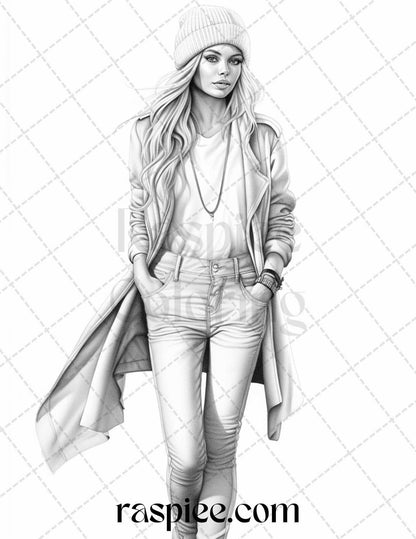 40 Fall Fashion Grayscale Coloring Pages for Adults, Printable PDF File Instant Download