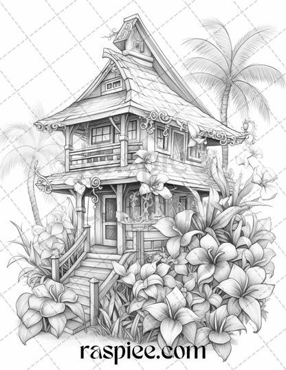 40 Hawaii Tiki Houses Grayscale Coloring Pages Printable for Adults, PDF File Instant Download