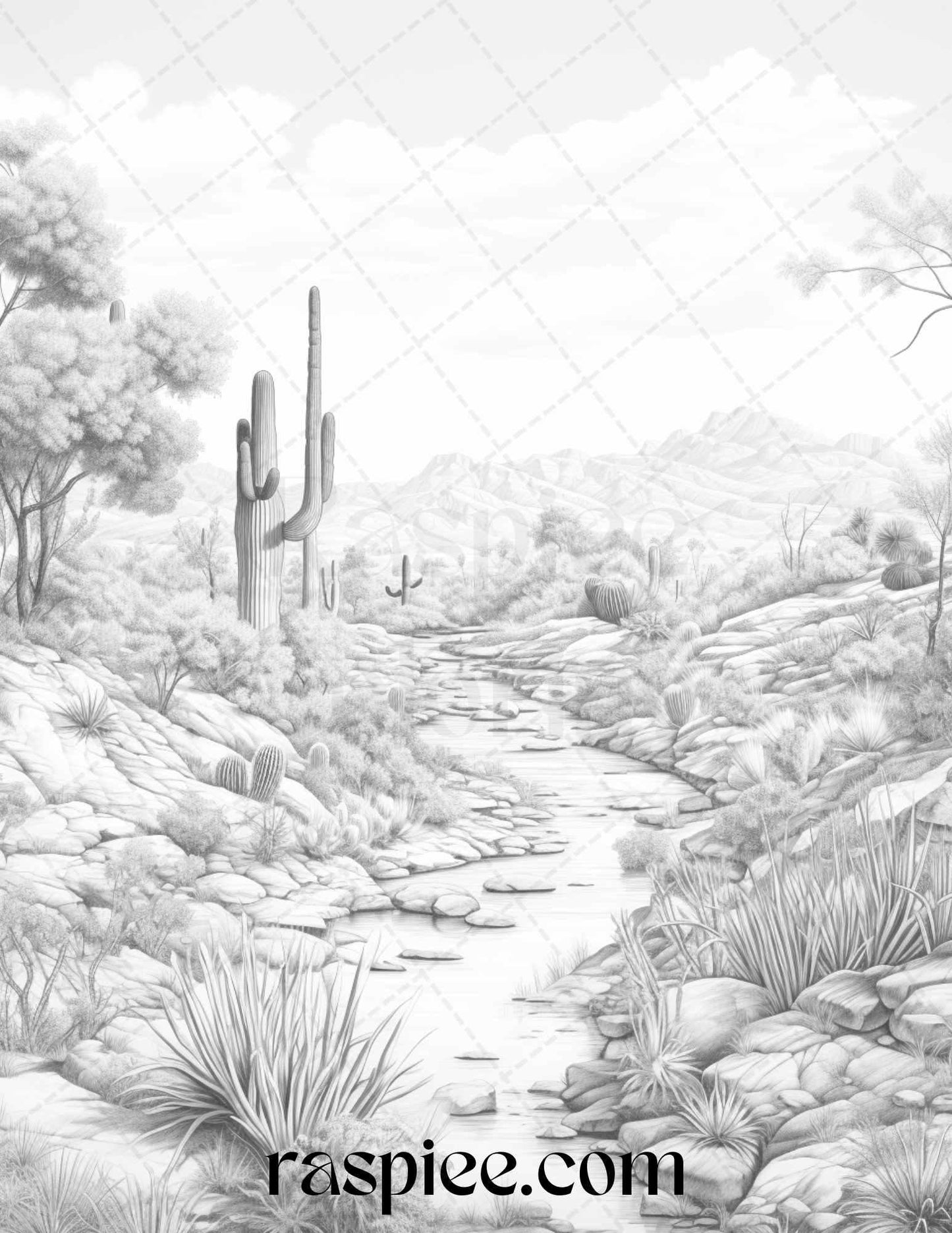 40 Desert Landscapes Grayscale Coloring Pages Printable for Adults, PDF File Instant Download