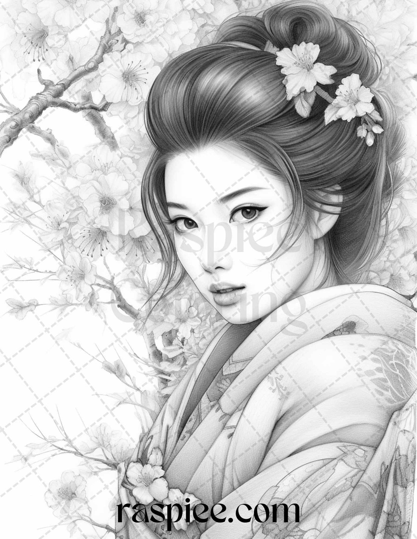 40 Beautiful Japanese Girls Grayscale Coloring Pages Printable for Adults, PDF File Instant Download