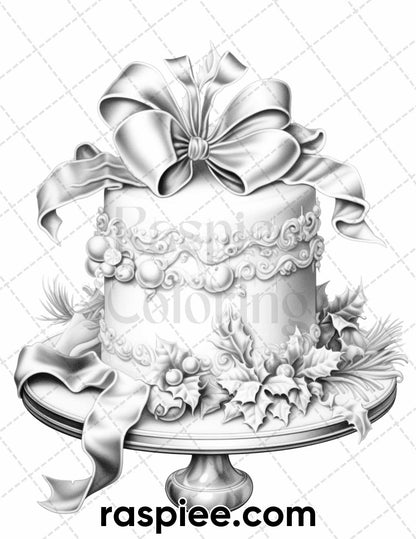 45 Christmas Cakes Grayscale Coloring Pages for Adults, Printable PDF File Instant Download