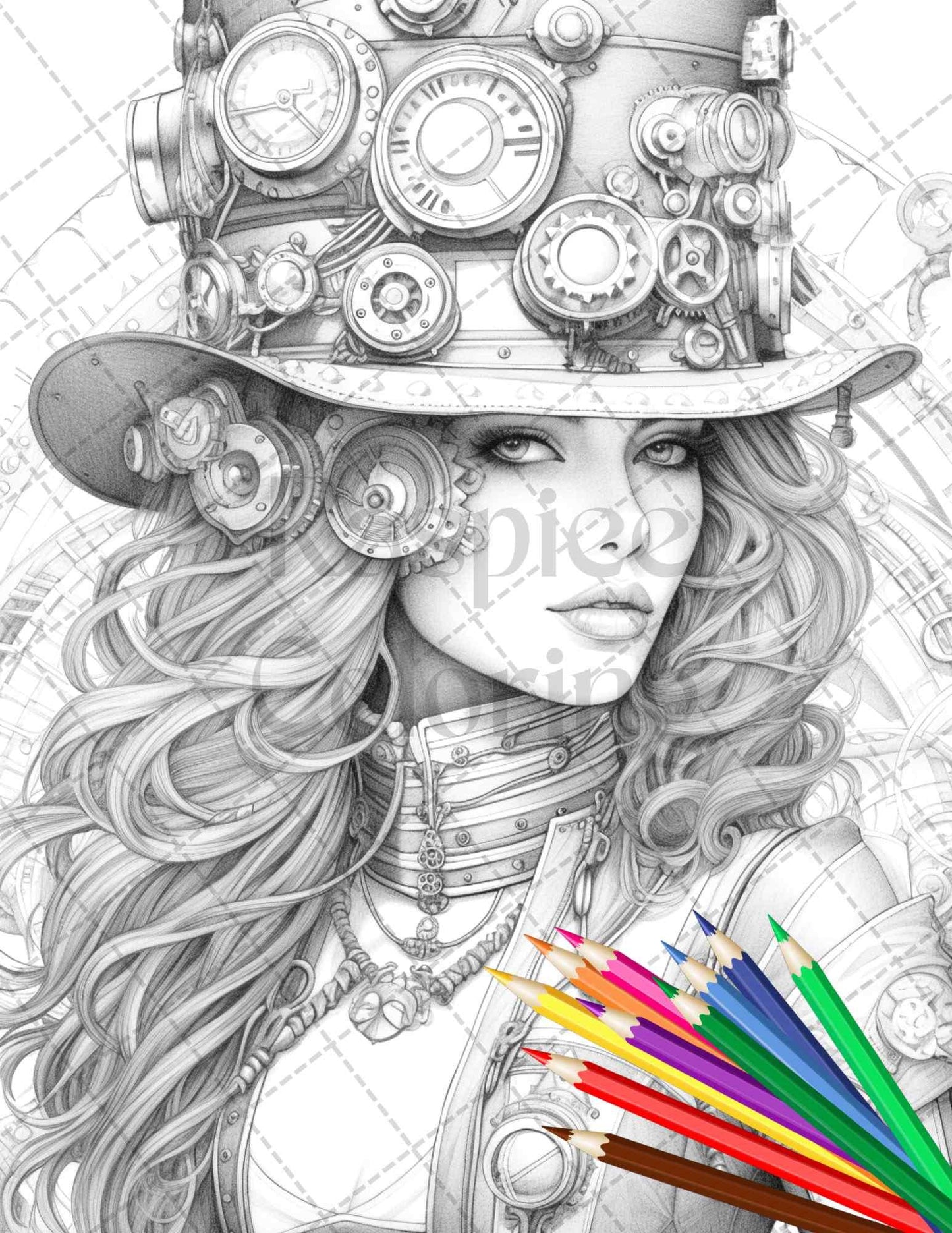 40 Steampunk Ladies Grayscale Coloring Pages Printable for Adults, PDF File Instant Download