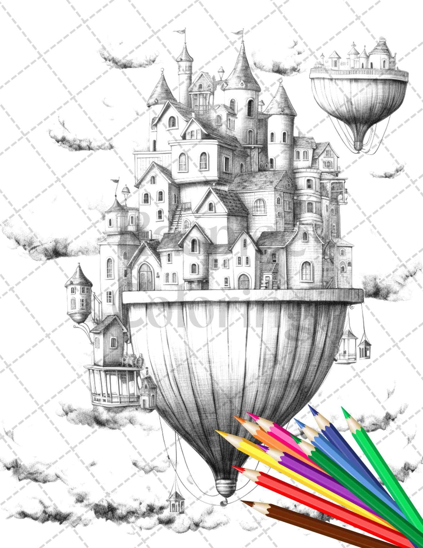 40 Fantasy Sky Houses Grayscale Coloring Pages Printable for Adults, PDF File Instant Download