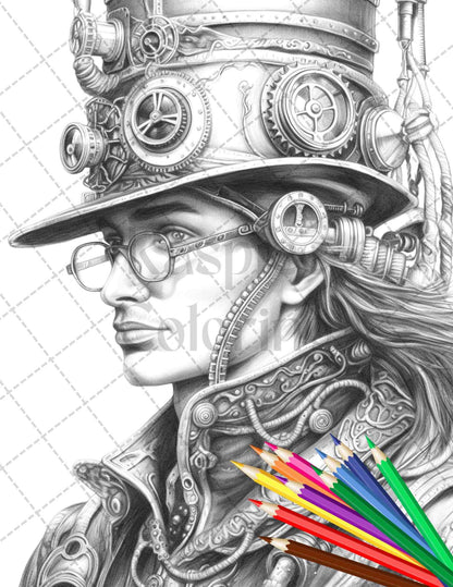 42 Steampunk Mens Grayscale Coloring Pages Printable for Adults, PDF File Instant Download