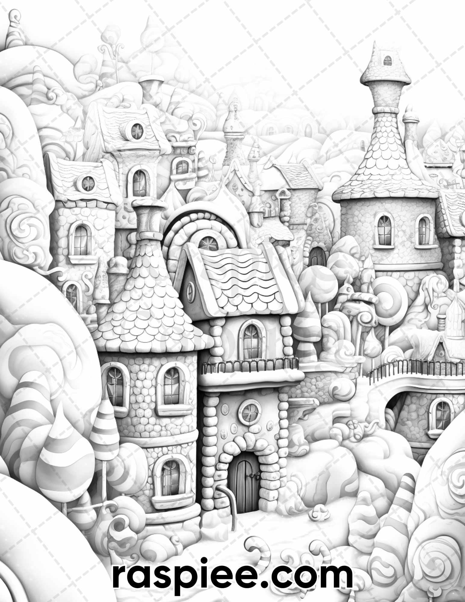 40 Gingerbread Village Grayscale Coloring Pages for Adults, Printable PDF Instant Download