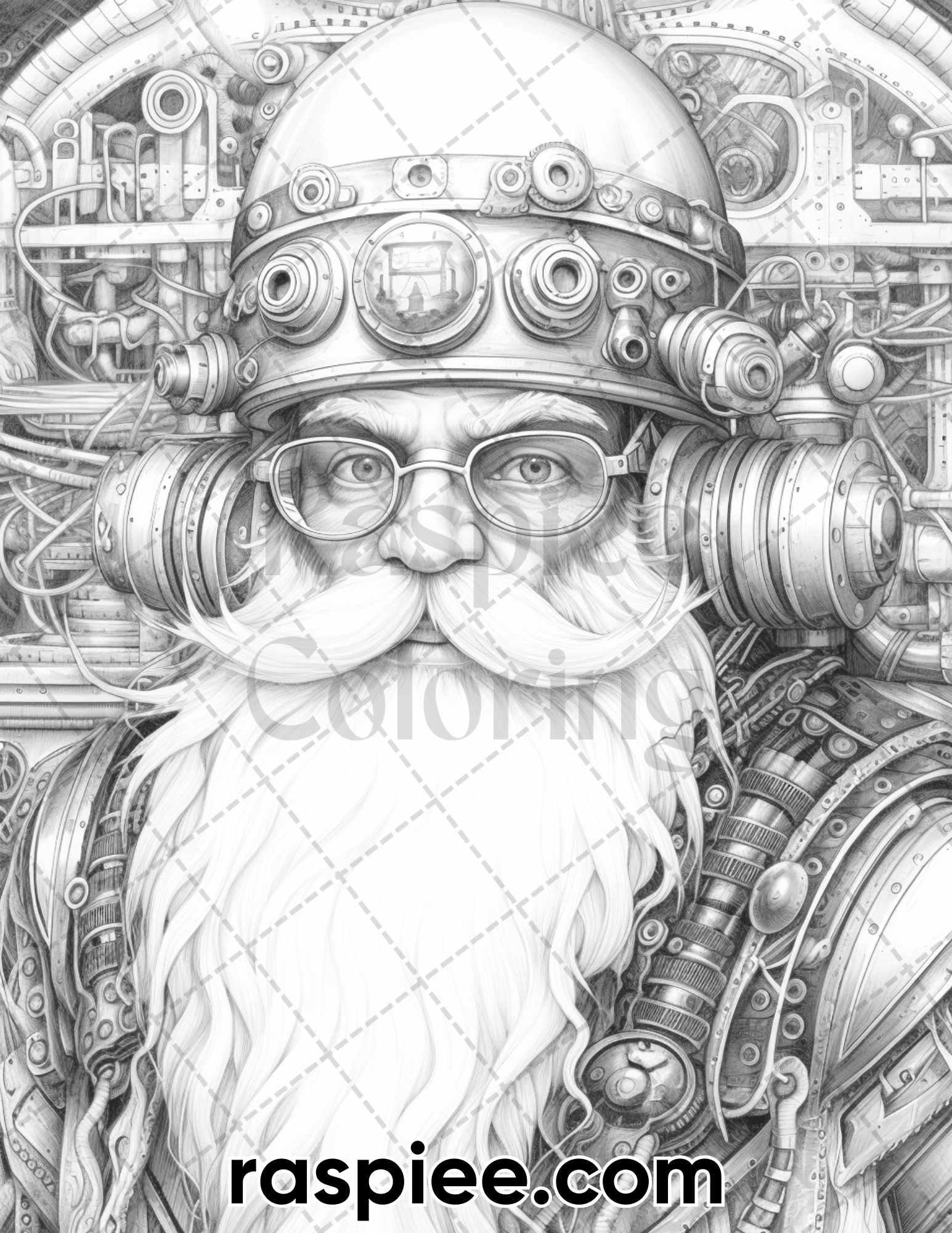 50 Steampunk Santa Claus Grayscale Coloring Pages for Adults, Printable PDF Instant Download