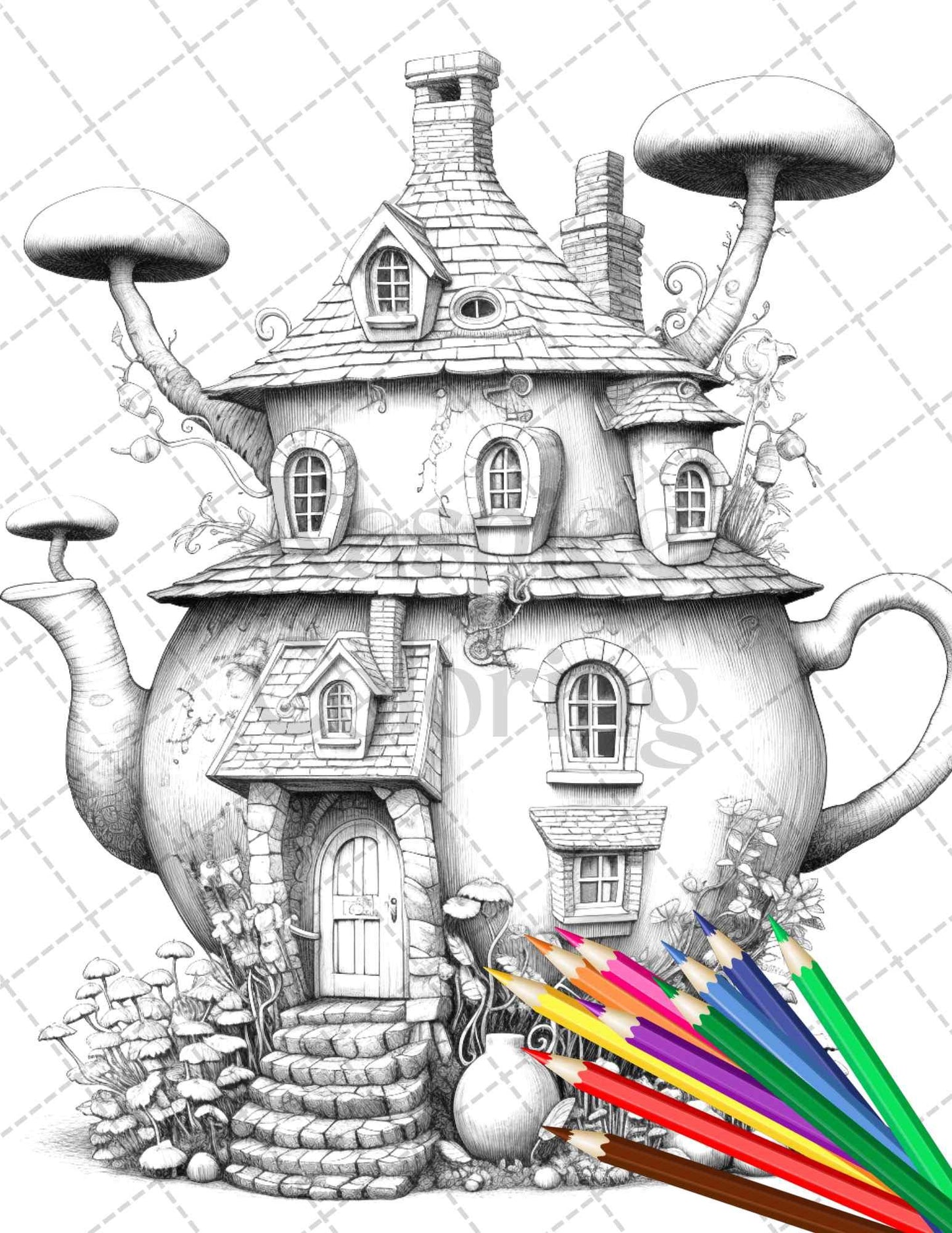 40 Teapot Fairy Houses Grayscale Coloring Pages Printable for Adults, PDF File Instant Download