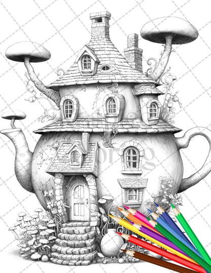 40 Teapot Fairy Houses Grayscale Coloring Pages Printable for Adults, PDF File Instant Download